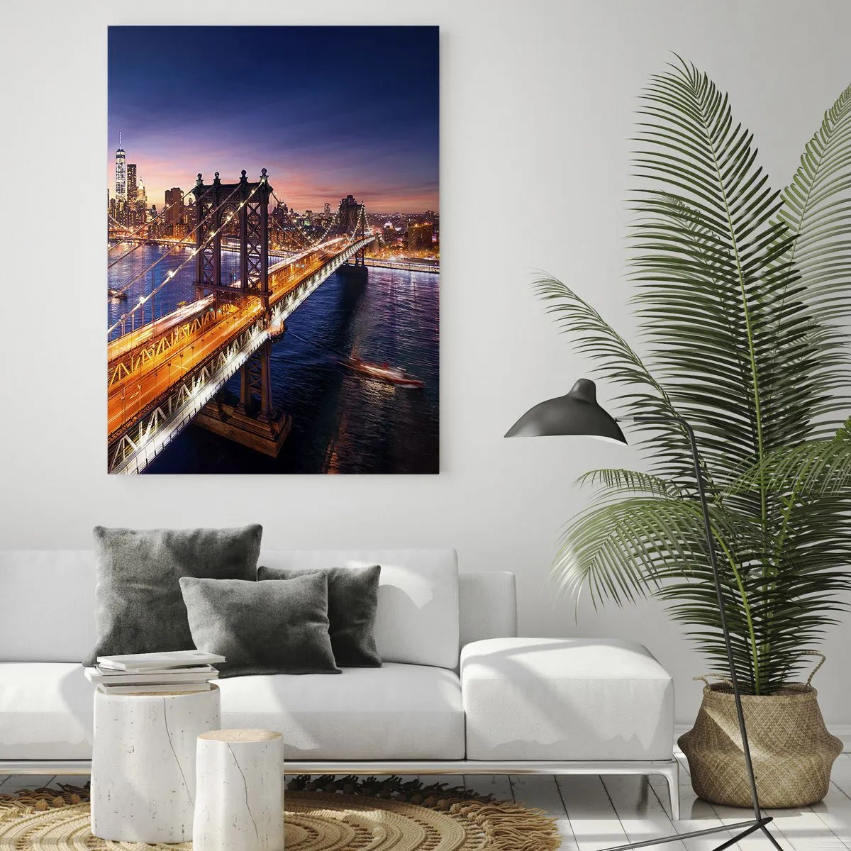Impression sur verre - Image sur verre - Le pont sur fond de panorama urbain nocturne avec des gratte-ciel illuminés - 50x70cm - Un pont lumineux au cœur de la ville - Décoration murale moderne pour le salon et la chambre ARTTOR