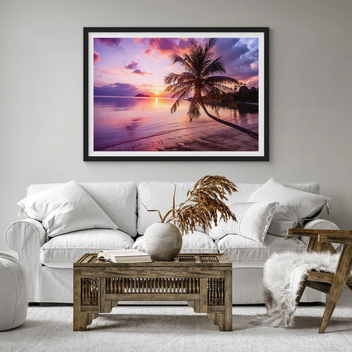 Affiche dans un cadre noir - Poster - Plage tropicale avec palmier au coucher du soleil - 70x50cm - Le bonheur à l'horizon - Décoration murale moderne pour le salon et la chambre ARTTOR
