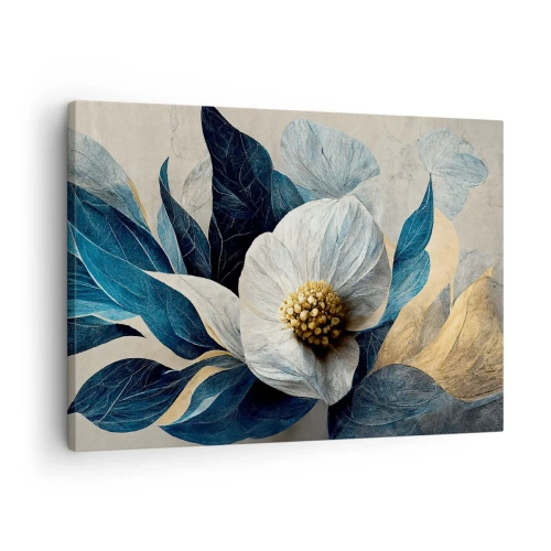 Impression sur toile - Image sur toile - Une fleur aux feuilles bleues sur un fond élégant - 70x50cm - Il a un coeur d'or - Décoration murale moderne pour le salon et la chambre ARTTOR