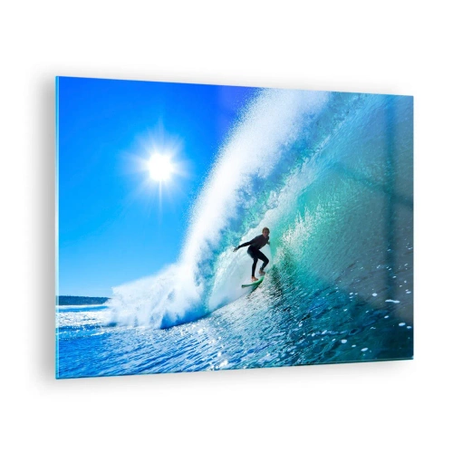 Impression sur verre - Image sur verre - Surfeur sur une vague par une journée ensoleillée - 70x50cm - A travers le grand ciel bleu - Décoration murale moderne pour le salon et la chambre ARTTOR