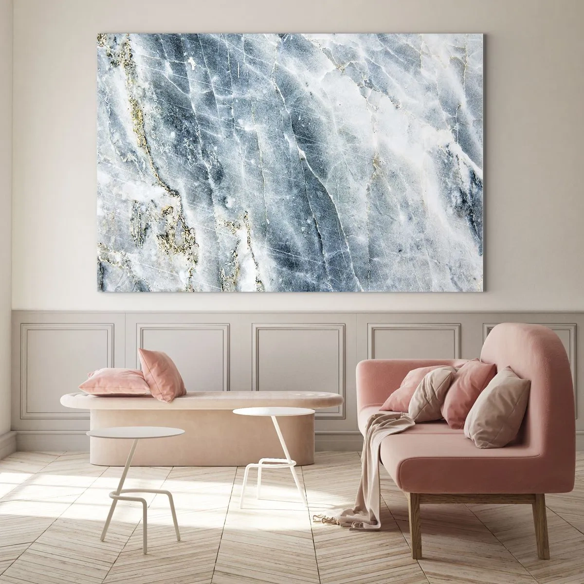 Impression sur verre - Image sur verre - Texture abstraite de marbre de glace dans des tons de bleu et de blanc - 70x50cm - Monde de glace - Décoration murale moderne pour le salon et la chambre ARTTOR