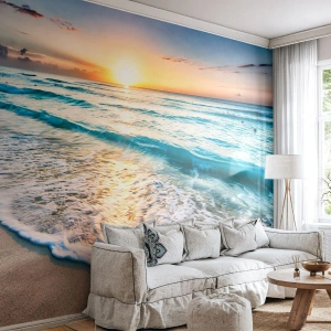 Papier Peint Photo Standard Eco - Bord de mer au lever du soleil avec des vagues douces - 100x70cm - Une vue qui en vaut la peine - Décoration murale moderne pour le salon et la chambre ARTTOR