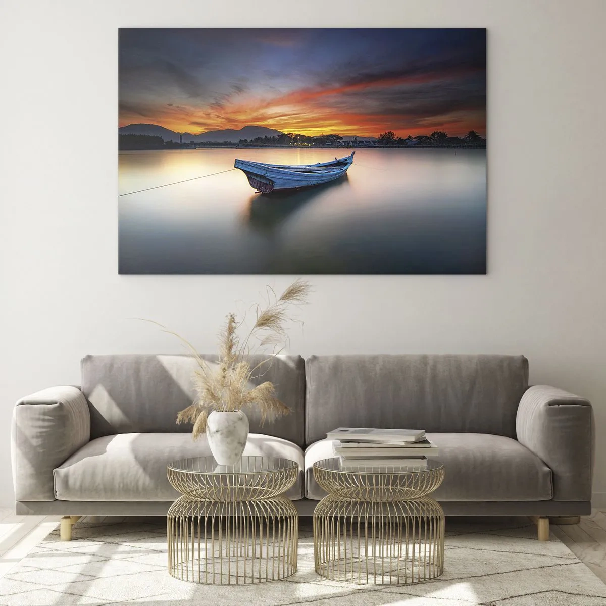 Impression sur verre - Image sur verre - Bateau en bois sur le lac au coucher du soleil - 100x70cm - Une bonne nuit arrive - Décoration murale moderne pour le salon et la chambre ARTTOR