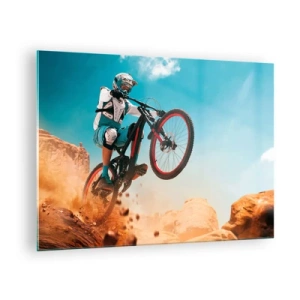 Impression sur verre - Image sur verre - Scène dynamique d'un cycliste en action sur un terrain rocheux - 70x50cm - Démon de la folie du vélo - Décoration murale moderne pour le salon et la chambre ARTTOR