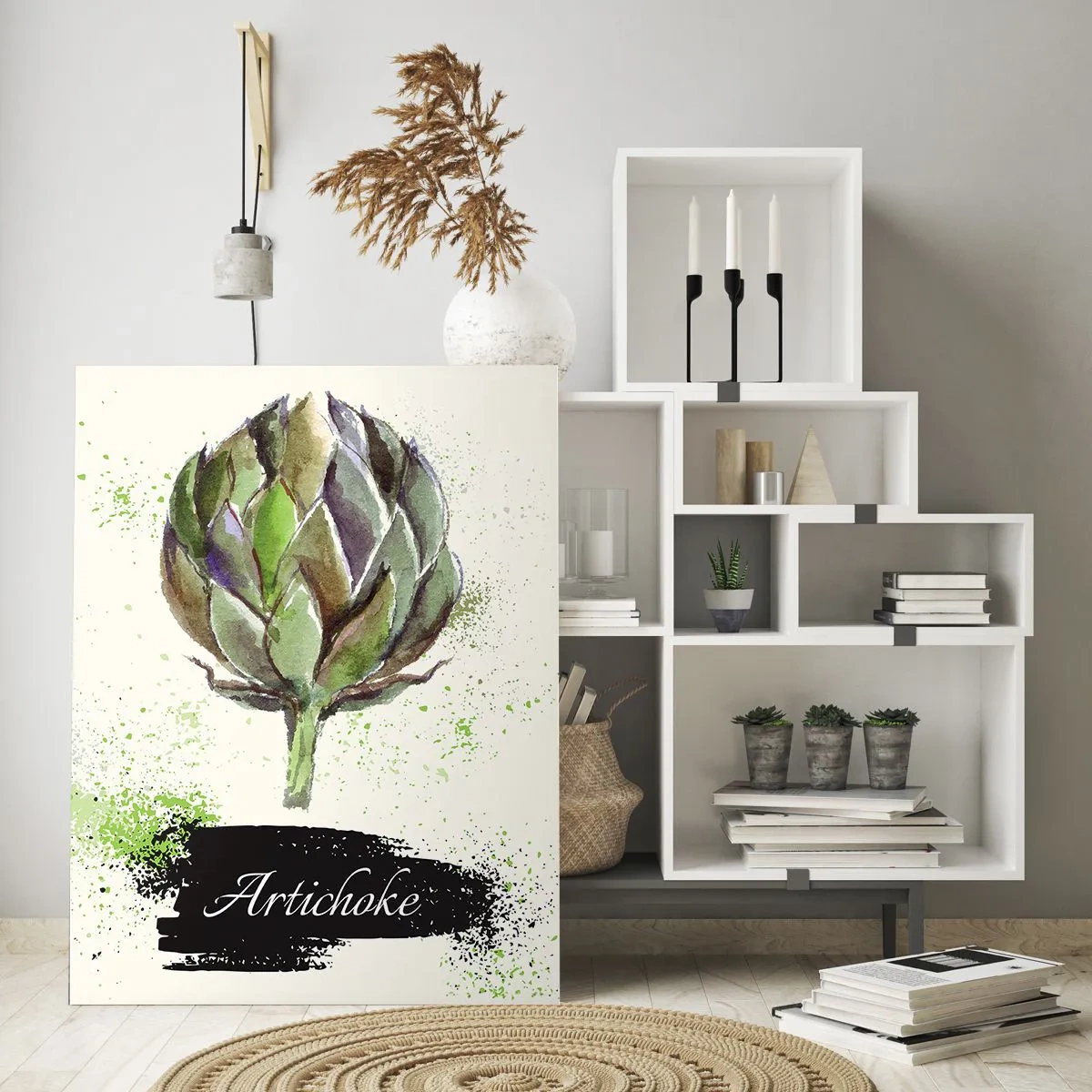 Impression sur verre - Image sur verre - Artichaut à l'aquarelle avec texte sur fond clair aux accents verts - 80x120cm - Vive les légumes! - Décoration murale moderne pour le salon et la chambre ARTTOR