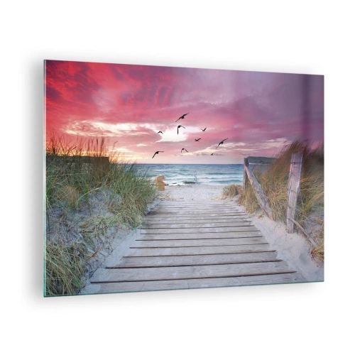 Impression sur verre - Image sur verre - Chemin vers la plage au coucher du soleil avec des oiseaux qui volent - 70x50cm - Impression de la Baltique - Décoration murale moderne pour le salon et la chambre ARTTOR