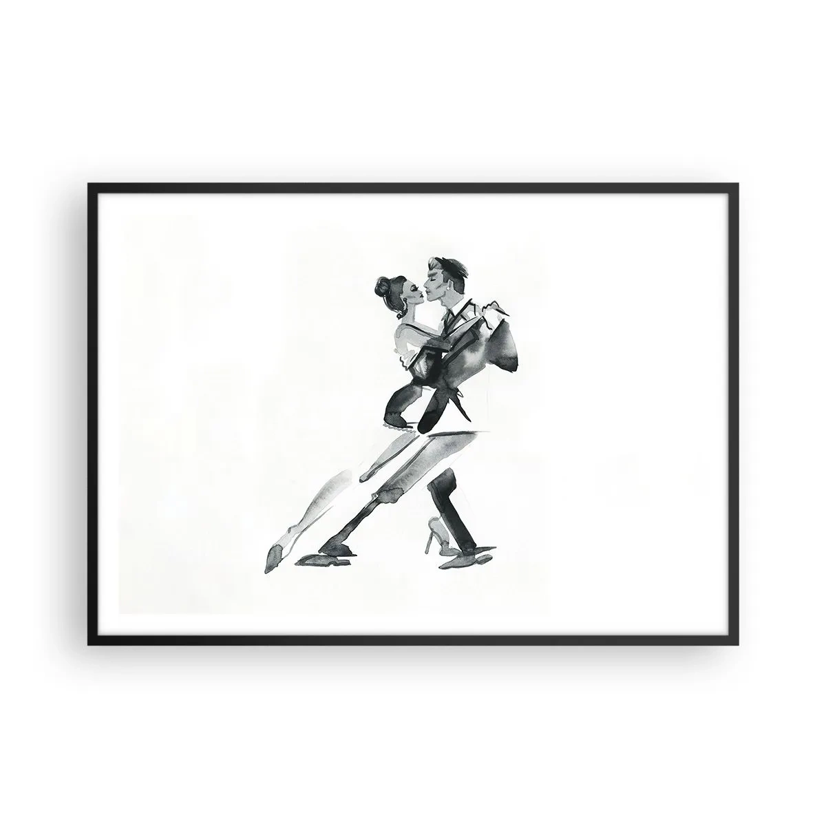 Affiche dans un cadre noir - Poster - Une illustration subtile d'un couple dansant dans un style monochrome. - 100x70cm - En un battement - Décoration murale moderne pour le salon et la chambre ARTTOR