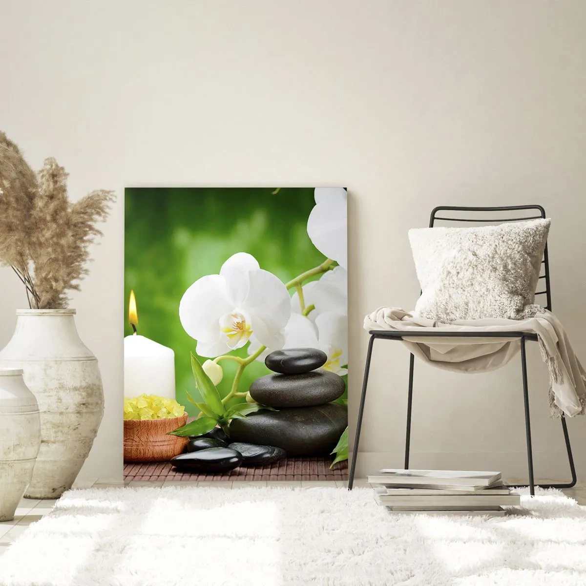 Impression sur verre - Image sur verre - Spa avec orchidées, pierres et bougies sur fond de verdure - 50x70cm - Doux, floral, toucher délicat - Décoration murale moderne pour le salon et la chambre ARTTOR