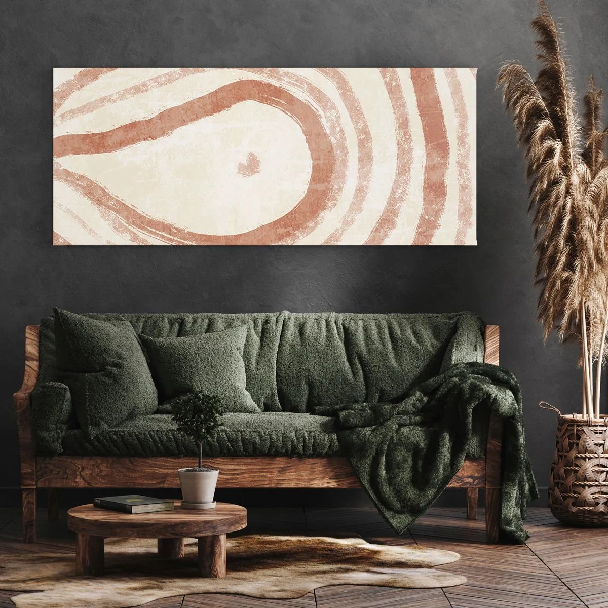 Impression sur toile - Image sur toile - Un motif abstrait de lignes concentriques dans des tons de terre cuite. - 140x50cm - Cercles de corail – composition - Décoration murale moderne pour le salon et la chambre ARTTOR