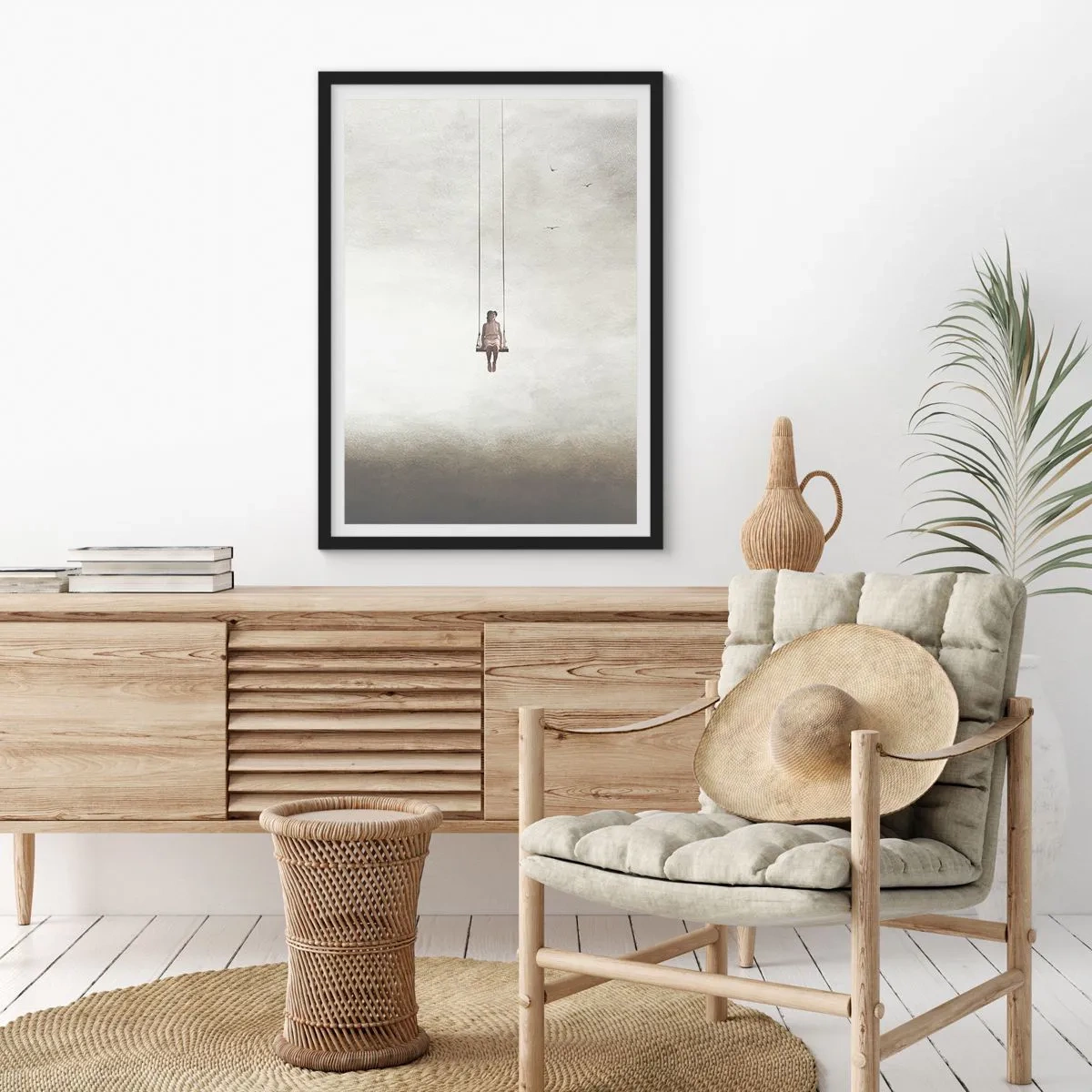 Affiche dans un cadre noir - Poster - Une figure sur une balançoire suspendue dans l'espace - 50x70cm - Enfant en nous - Décoration murale moderne pour le salon et la chambre ARTTOR
