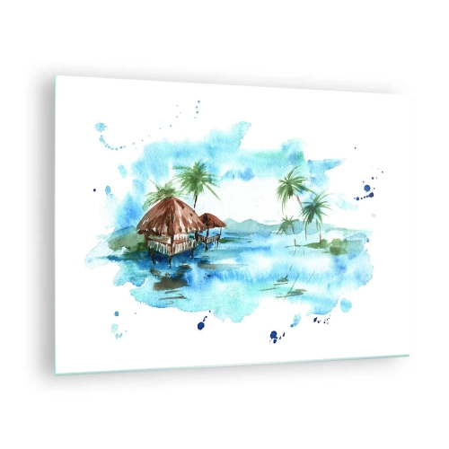 Impression sur verre - Image sur verre - Paysage tropical avec des palmiers et un chalet de style aquarelle - 70x50cm - Quelque part dans le Pacifique - Décoration murale moderne pour le salon et la chambre ARTTOR