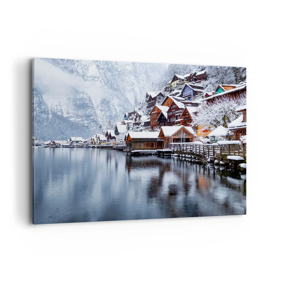Impression sur toile - Image sur toile - Vue hivernale d'un village de montagne au bord du lac - 100x70cm - En décoration hivernale - Décoration murale moderne pour le salon et la chambre ARTTOR