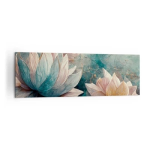 Impression sur toile - Image sur toile - De subtils nénuphars aux tons pastel de bleu et d'or - 160x50cm - Les étoiles du lac - Décoration murale moderne pour le salon et la chambre ARTTOR