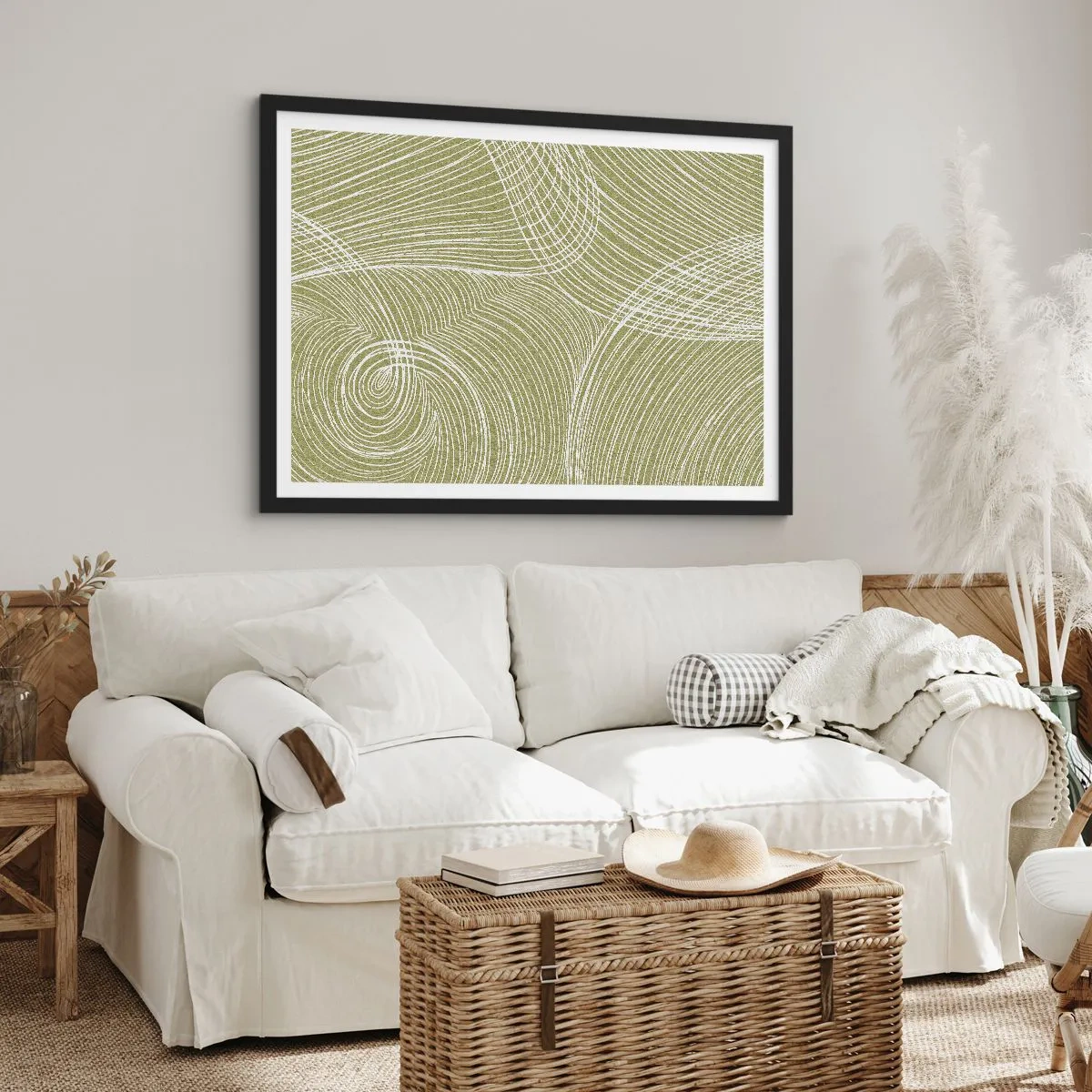 Affiche dans un cadre noir - Poster - Lignes vertes et blanches dans une composition abstraite - 70x50cm - Abstraction complexe de blanc - Décoration murale moderne pour le salon et la chambre ARTTOR