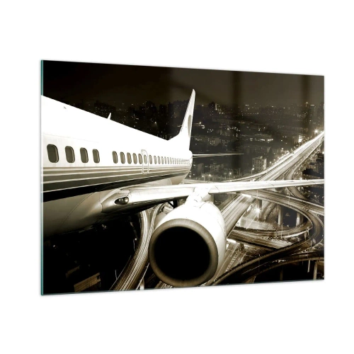 Impression sur verre - Image sur verre - Un avion au dessus de la ville la nuit avec une ambiance industrielle - 100x70cm - Vole dans la nuit - Décoration murale moderne pour le salon et la chambre ARTTOR