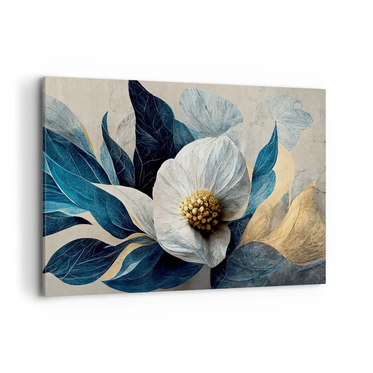 Impression sur toile - Image sur toile - Une fleur aux feuilles bleues sur un fond élégant - 120x80cm - Il a un coeur d'or - Décoration murale moderne pour le salon et la chambre ARTTOR