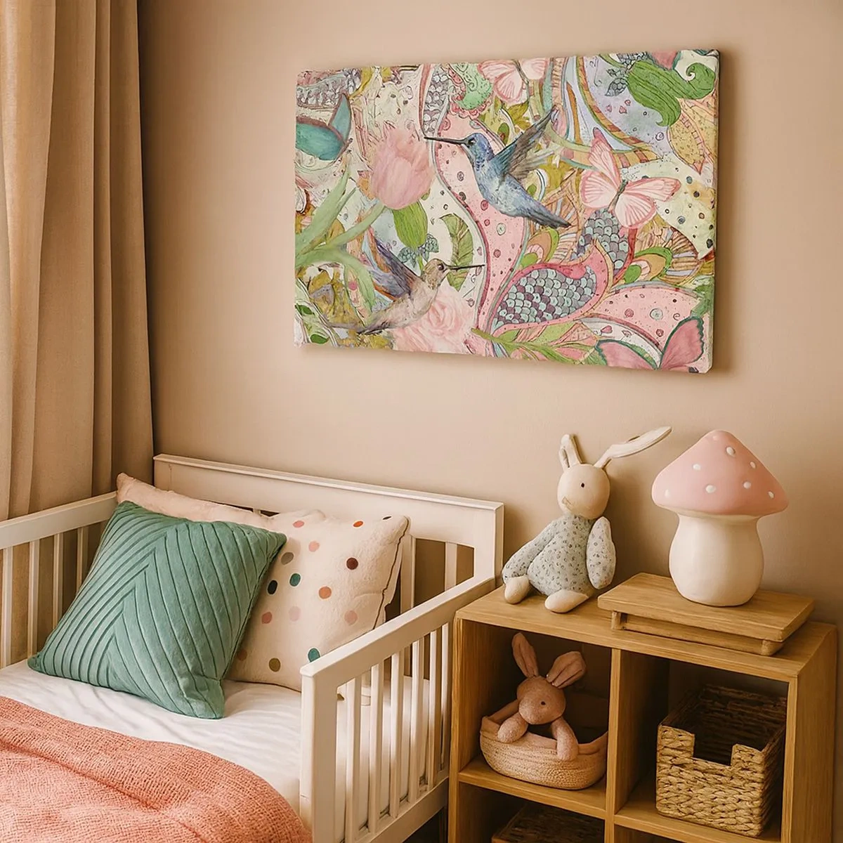 Impression sur toile - Image sur toile - Colibris et papillons colorés parmi les plantes - 70x50cm - Empêtré dans les vignes - Décoration murale moderne pour le salon et la chambre ARTTOR