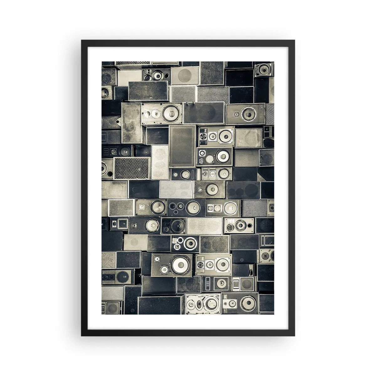 Affiche dans un cadre noir - Poster - Collage d'enceintes en nuances de gris - 50x70cm - Tout va bien - Décoration murale moderne pour le salon et la chambre ARTTOR