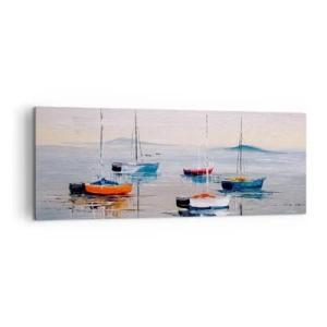 Impression sur toile - Image sur toile - Bateaux colorés sur une eau calme - 140x50cm - Un repos bien mérité - Décoration murale moderne pour le salon et la chambre ARTTOR