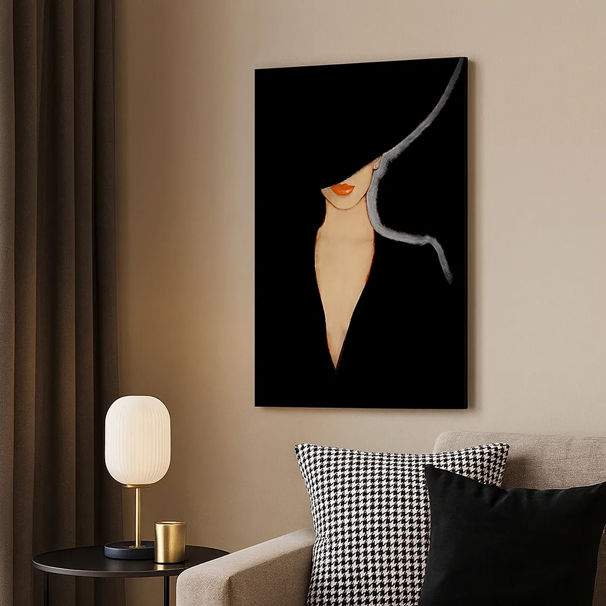 Impression sur toile - Image sur toile - Silhouette d'une femme au chapeau sur fond noir - 50x70cm - Élégance et style - Décoration murale moderne pour le salon et la chambre ARTTOR