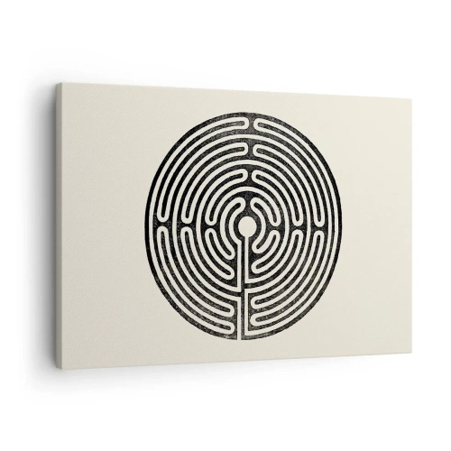 Impression sur toile - Image sur toile - Labyrinthe circulaire noir et blanc sur fond clair - 70x50cm - Ordre mystérieux - Décoration murale moderne pour le salon et la chambre ARTTOR