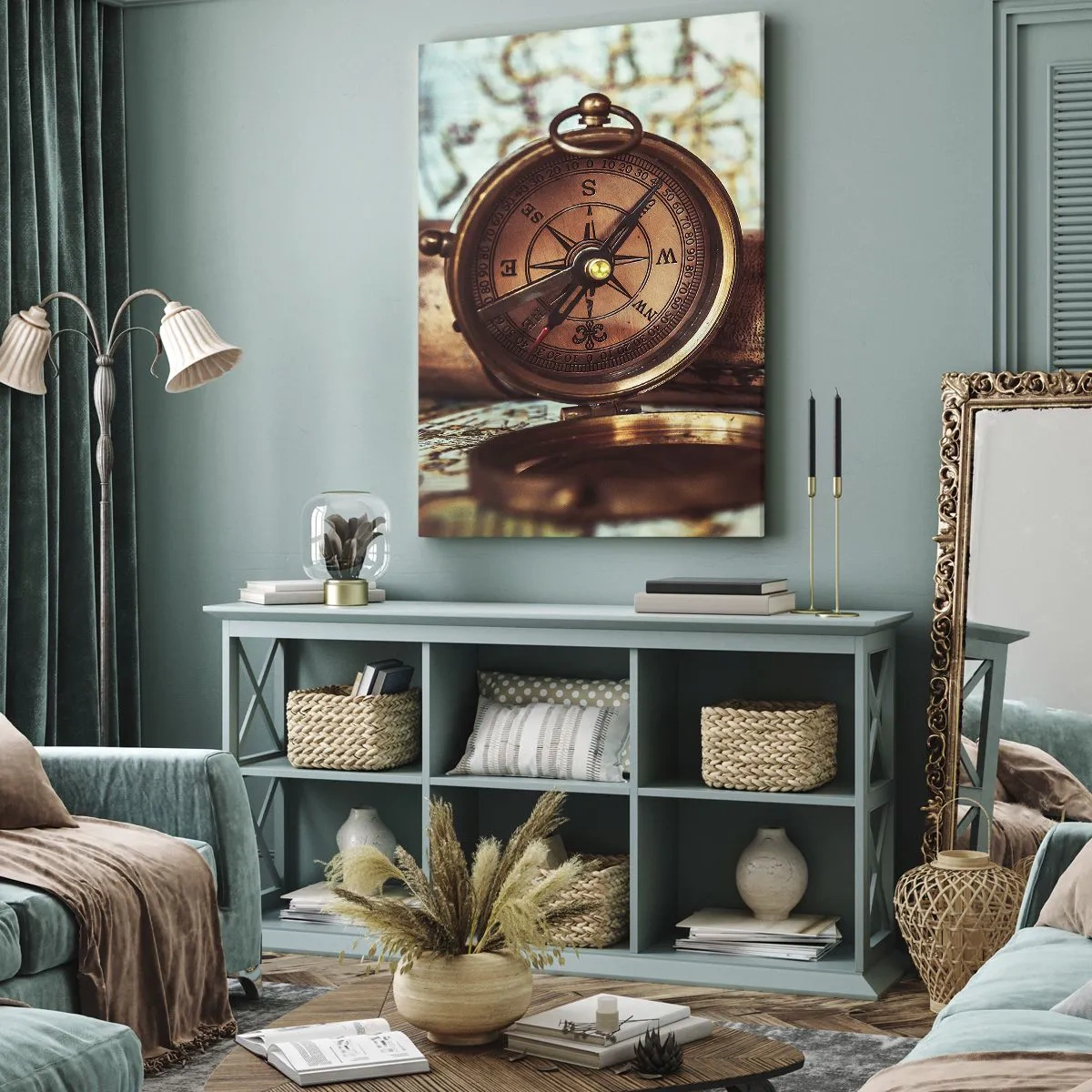 Impression sur toile - Image sur toile - Un ensemble rétro avec une boussole, un télescope et une carte sur le thème du voyage - 50x70cm - Une aventure de pirates dans les Caraïbes vous attend - Décoration murale moderne pour le salon et la chambre ARTTOR