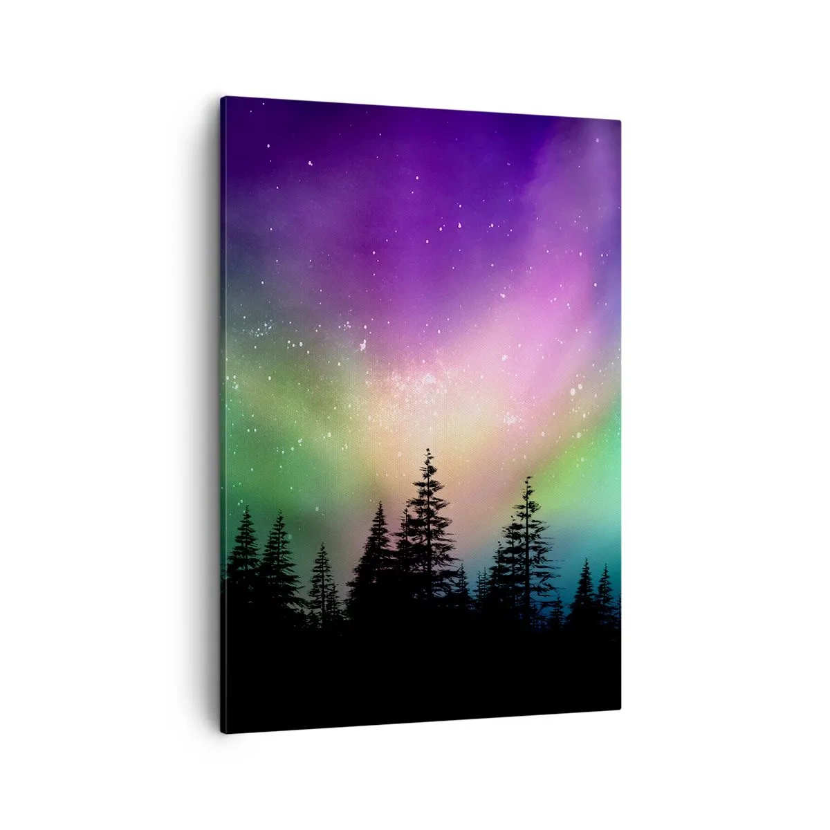 Impression sur toile - Image sur toile - Aurore boréale au-dessus d'une forêt avec un ciel étoilé - 50x70cm - Magie blanche - Décoration murale moderne pour le salon et la chambre ARTTOR