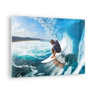 Impression sur verre - Image sur verre - Surfeur dans un tunnel d'eau avec l'océan en arrière-plan - 70x50cm - Danse avec les vagues - Décoration murale moderne pour le salon et la chambre ARTTOR