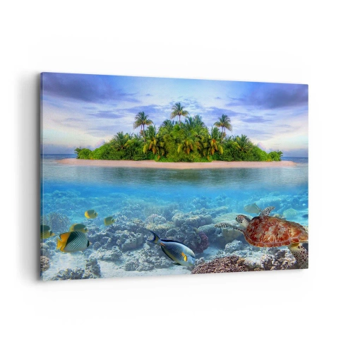 Impression sur toile - Image sur toile - Une île tropicale entourée d'un océan turquoise avec un récif de corail et des poissons. - 100x70cm - L'île céleste vous invite - Décoration murale moderne pour le salon et la chambre ARTTOR