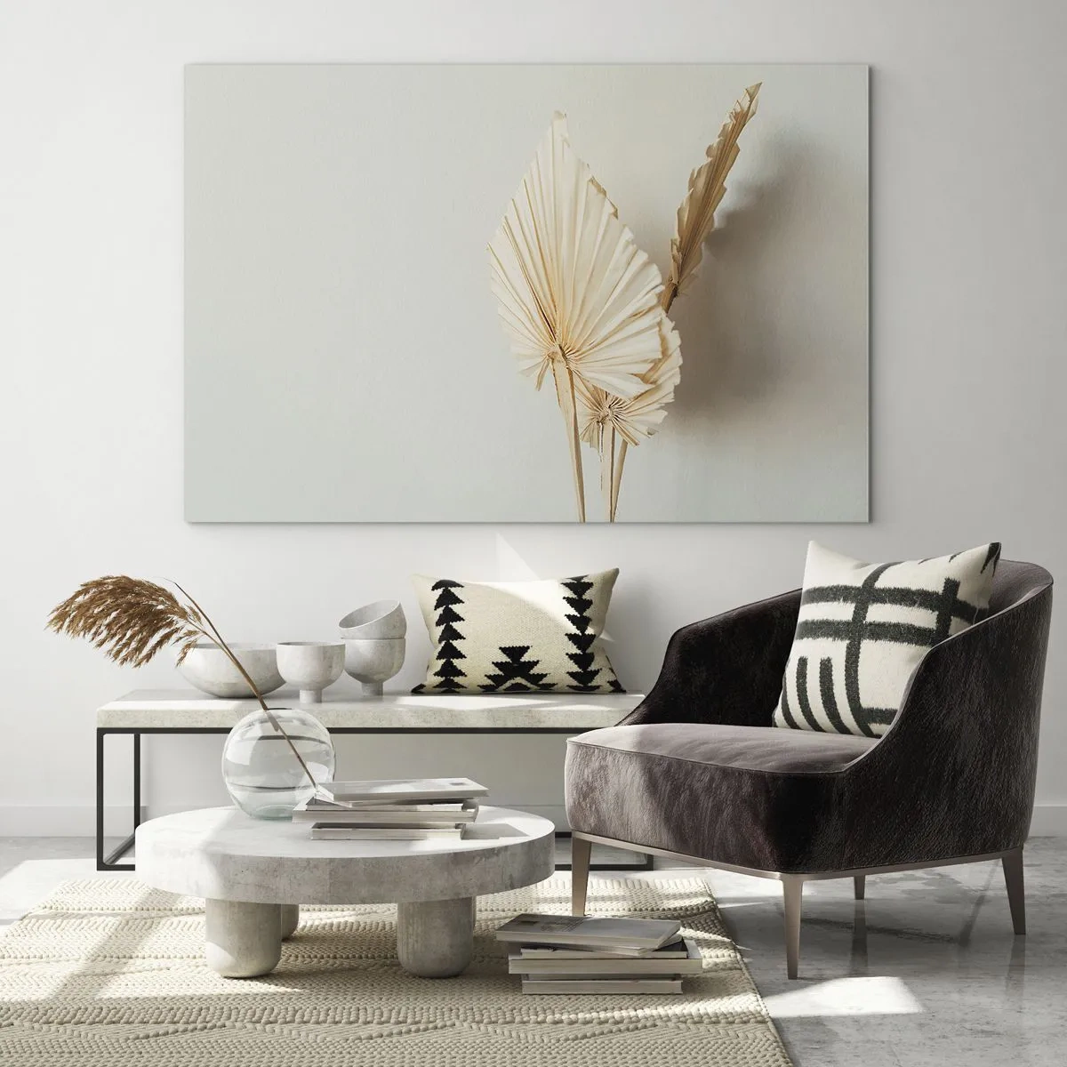Impression sur verre - Image sur verre - Feuilles de palmier séchées dans des tons beiges sur fond clair - 70x50cm - Quand tu dois t’apaiser - Décoration murale moderne pour le salon et la chambre ARTTOR