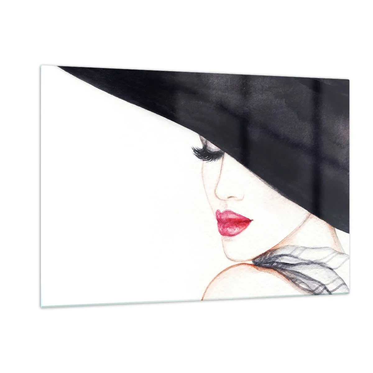 Impression sur verre - Image sur verre - Un portrait subtil d'une femme au chapeau et aux lèvres rouges - 120x80cm - Élégance et sensualité - Décoration murale moderne pour le salon et la chambre ARTTOR