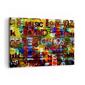 Impression sur toile - Image sur toile - Abstraction colorée avec des inscriptions musicales dans un style pop art - 120x80cm - Toutes les nuances du son - Décoration murale moderne pour le salon et la chambre ARTTOR