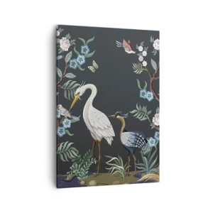 Impression sur toile - Image sur toile - Oiseaux et plantes peints sur un fond sombre avec un motif élégant - 50x70cm - Parade d'oiseaux - Décoration murale moderne pour le salon et la chambre ARTTOR