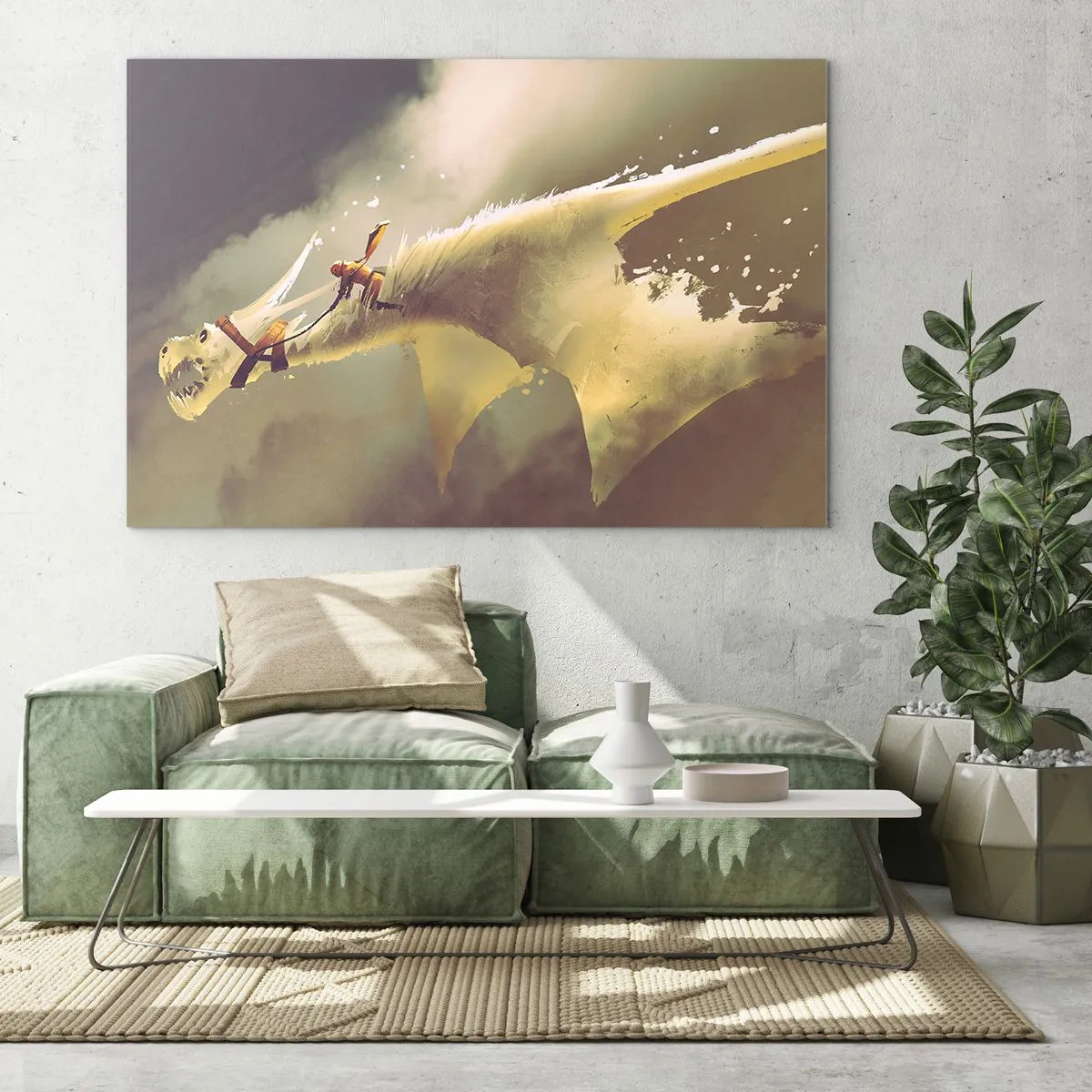 Impression sur verre - Image sur verre - Une silhouette sur le dos d'un dragon blanc dans un paysage brumeux - 70x50cm - Le monde à la rescousse - Décoration murale moderne pour le salon et la chambre ARTTOR