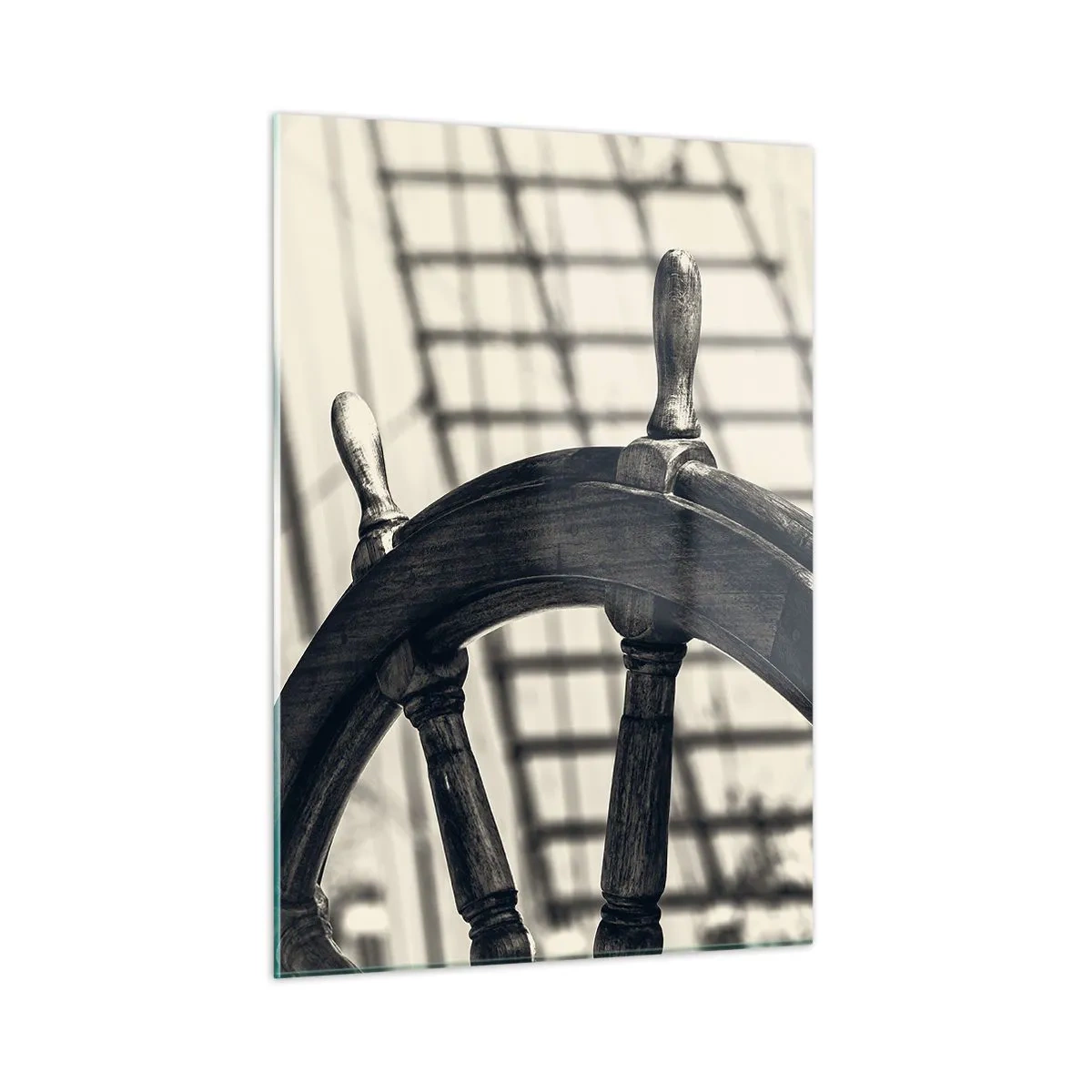 Impression sur verre - Image sur verre - Roue de navire nautique noire et blanche - 50x70cm - Histoires de mer - Décoration murale moderne pour le salon et la chambre ARTTOR