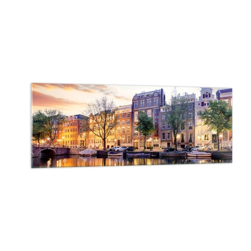 Impression sur verre - Image sur verre - Canal avec reflet des immeubles d'habitation dans la lumière du soir - 140x50cm - Beauté hollandaise sobre et sereine - Décoration murale moderne pour le salon et la chambre ARTTOR