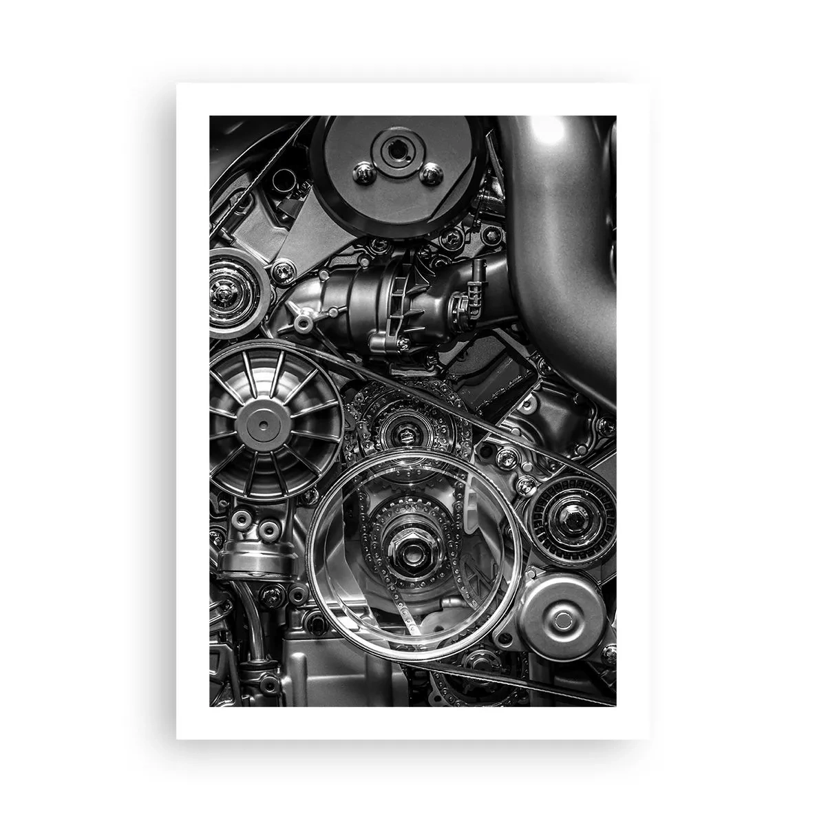 Affiche - Poster - Gros plan détaillé des composants mécaniques du moteur en noir et blanc - 50x70cm - Poésie mécanique - Décoration murale moderne pour le salon et la chambre ARTTOR