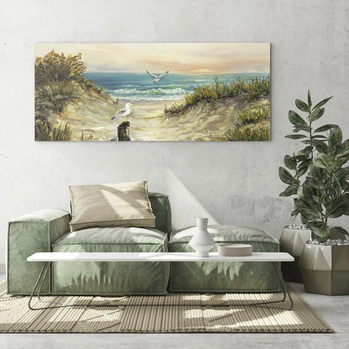 Impression sur verre - Image sur verre - Côte avec mouettes et dunes au coucher du soleil - 120x50cm - Retraite au calme - Décoration murale moderne pour le salon et la chambre ARTTOR