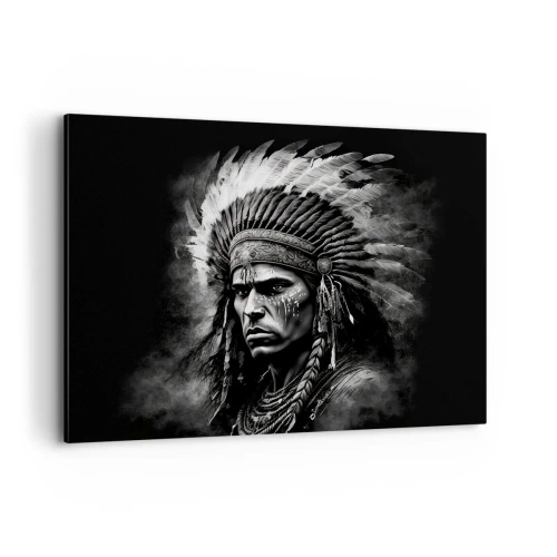 Impression sur toile - Image sur toile - Portrait d'un chef portant une coiffe à plumes sur fond noir - 120x80cm - Un leader et un guerrier - Décoration murale moderne pour le salon et la chambre ARTTOR