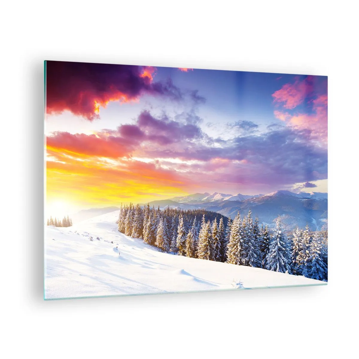Impression sur verre - Image sur verre - Paysage de montagne d'hiver avec des arbres enneigés et un ciel coloré - 70x50cm - En pleine journée - Décoration murale moderne pour le salon et la chambre ARTTOR