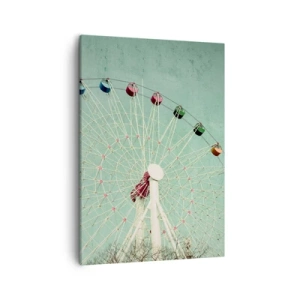 Impression sur toile - Image sur toile - Une grande roue colorée contre un ciel bleu dans un style rétro - 50x70cm - Nous vous invitons à vous amuser - Décoration murale moderne pour le salon et la chambre ARTTOR
