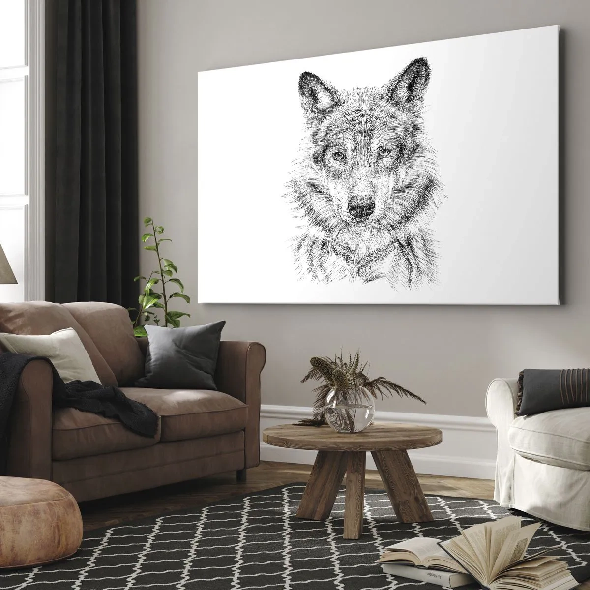 Impression sur toile - Image sur toile - Croquis d'une tête de loup dans un style monochrome sur fond blanc - 70x50cm - Un leader né - Décoration murale moderne pour le salon et la chambre ARTTOR