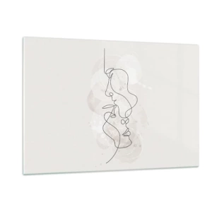 Impression sur verre - Image sur verre - Un dessin minimaliste des visages de deux personnes dans une étreinte subtile et sensuelle. - 120x80cm - Emmêlé dans une étreinte - Décoration murale moderne pour le salon et la chambre ARTTOR