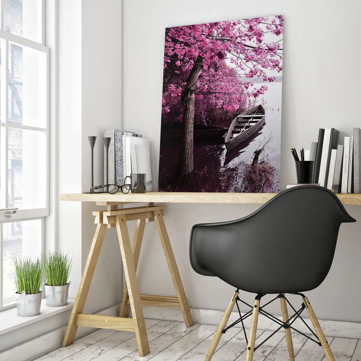 Impression sur verre - Image sur verre - Un bateau au bord d'un lac parmi des arbres roses - 70x100cm - Dans un silence rose - Décoration murale moderne pour le salon et la chambre ARTTOR