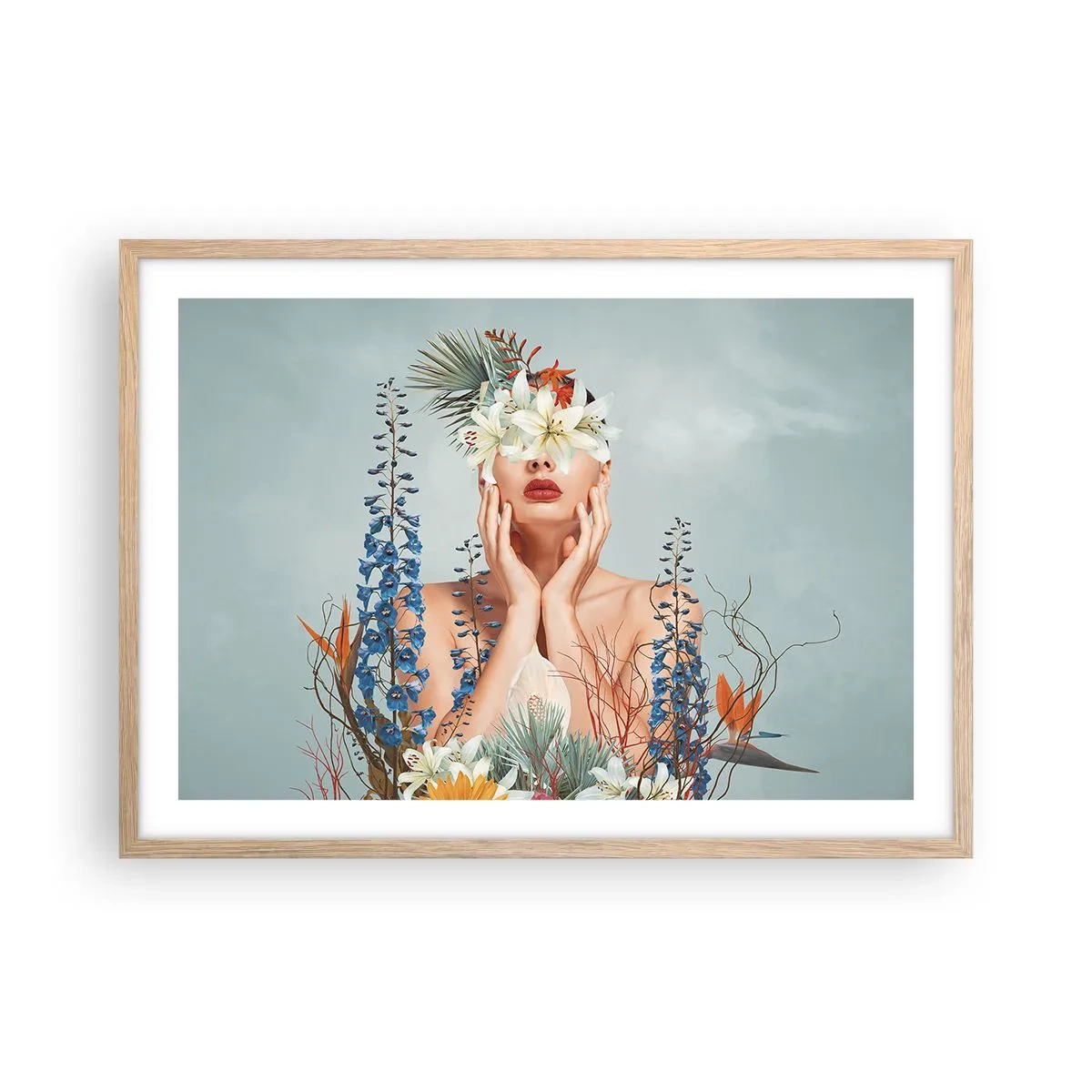 Affiche dans un chêne clair - Poster - Femme - fleur - 70x50 cm