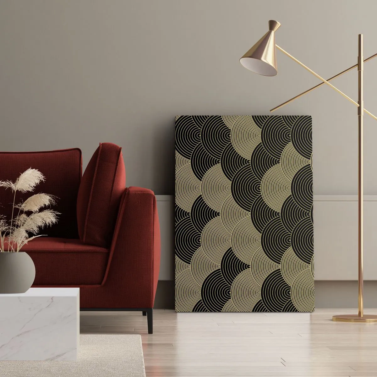 Impression sur toile - Image sur toile - Motif Art Déco avec demi-cercles et lignes dorées - 50x70cm - Unité dans la multiplicité - Décoration murale moderne pour le salon et la chambre ARTTOR