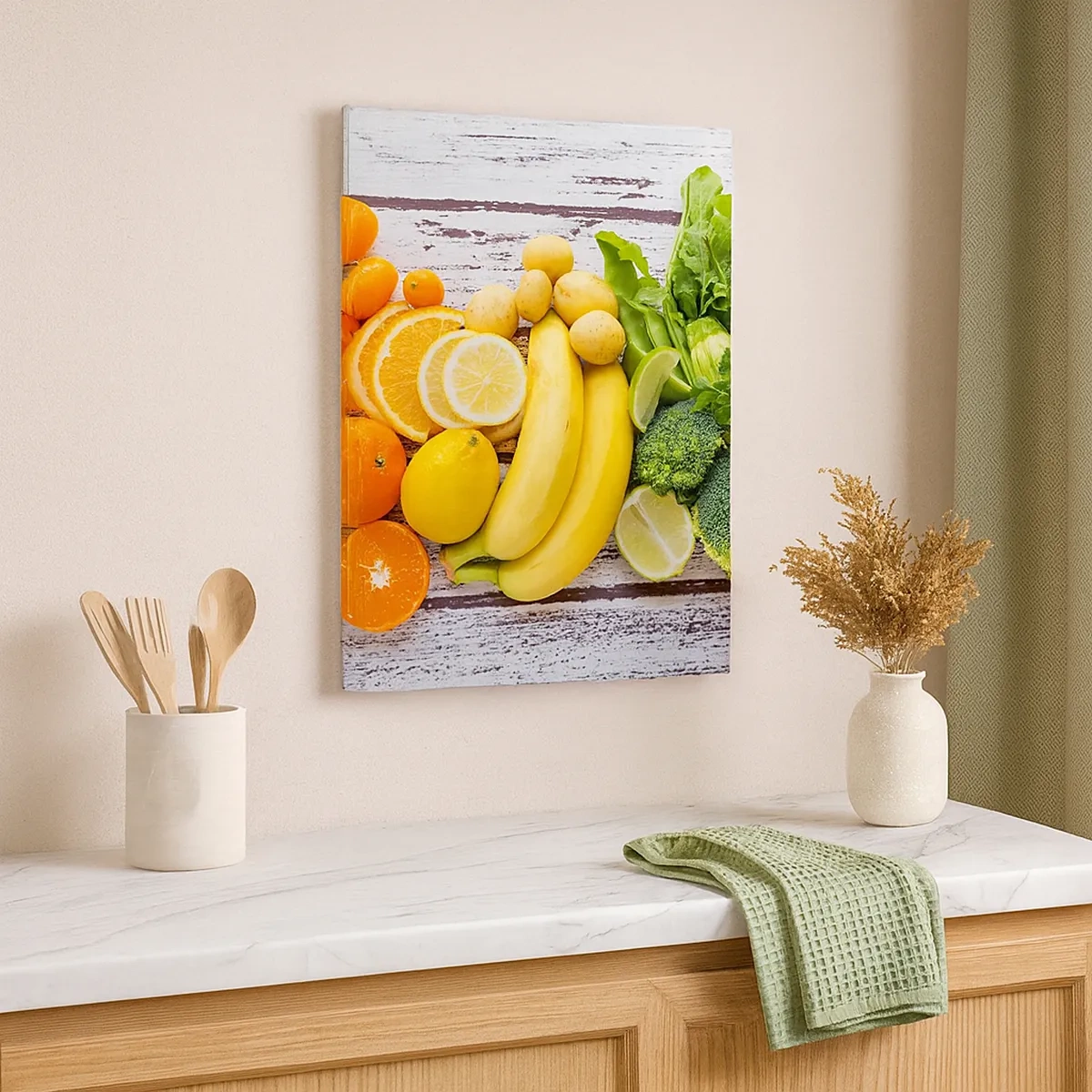 Impression sur toile - Image sur toile - Fruits et légumes colorés sur fond de bois - 50x70cm - Ce n'est pas suffisant? - Décoration murale moderne pour le salon et la chambre ARTTOR