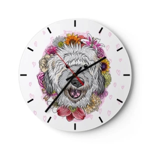 Horloge murale - Pendule murale - Illustration d'un chien entouré de fleurs et de cœurs - 30x30cm - La joie du chiot - Décoration murale moderne pour le salon, la cuisine et la chambre ARTTOR