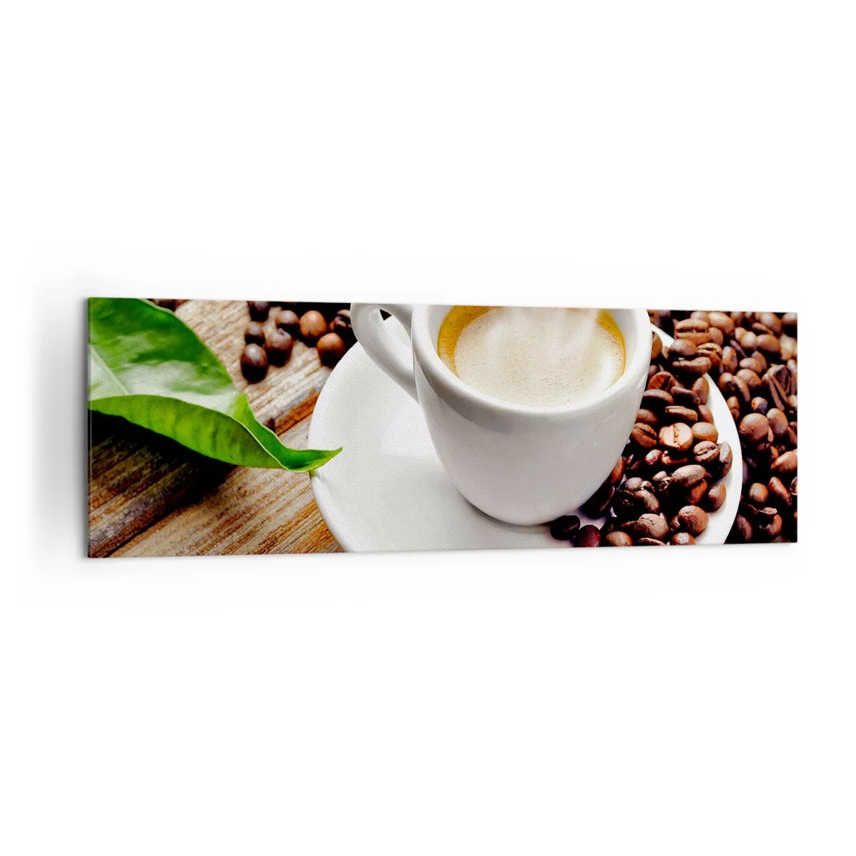 Impression sur toile - Image sur toile - Une tasse de café aromatique sur fond de grains et d'une feuille - 160x50cm - Café sur un banc - Décoration murale moderne pour le salon et la chambre ARTTOR