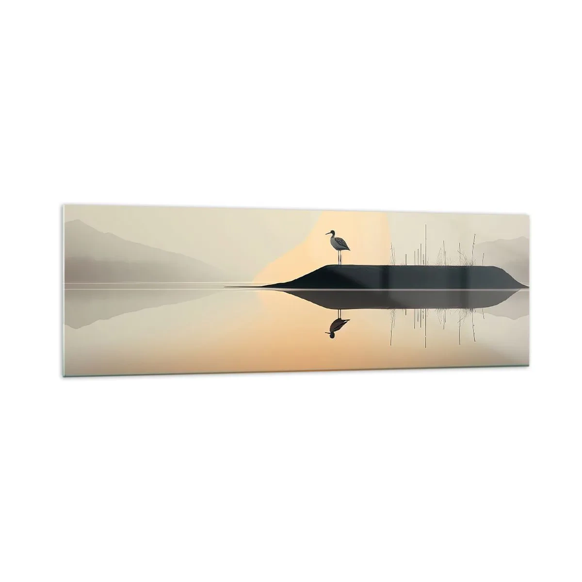 Impression sur verre - Image sur verre - Un oiseau sur une île dans un lac calme aux teintes chaudes - 160x50cm - Le seigneur du lac - Décoration murale moderne pour le salon et la chambre ARTTOR